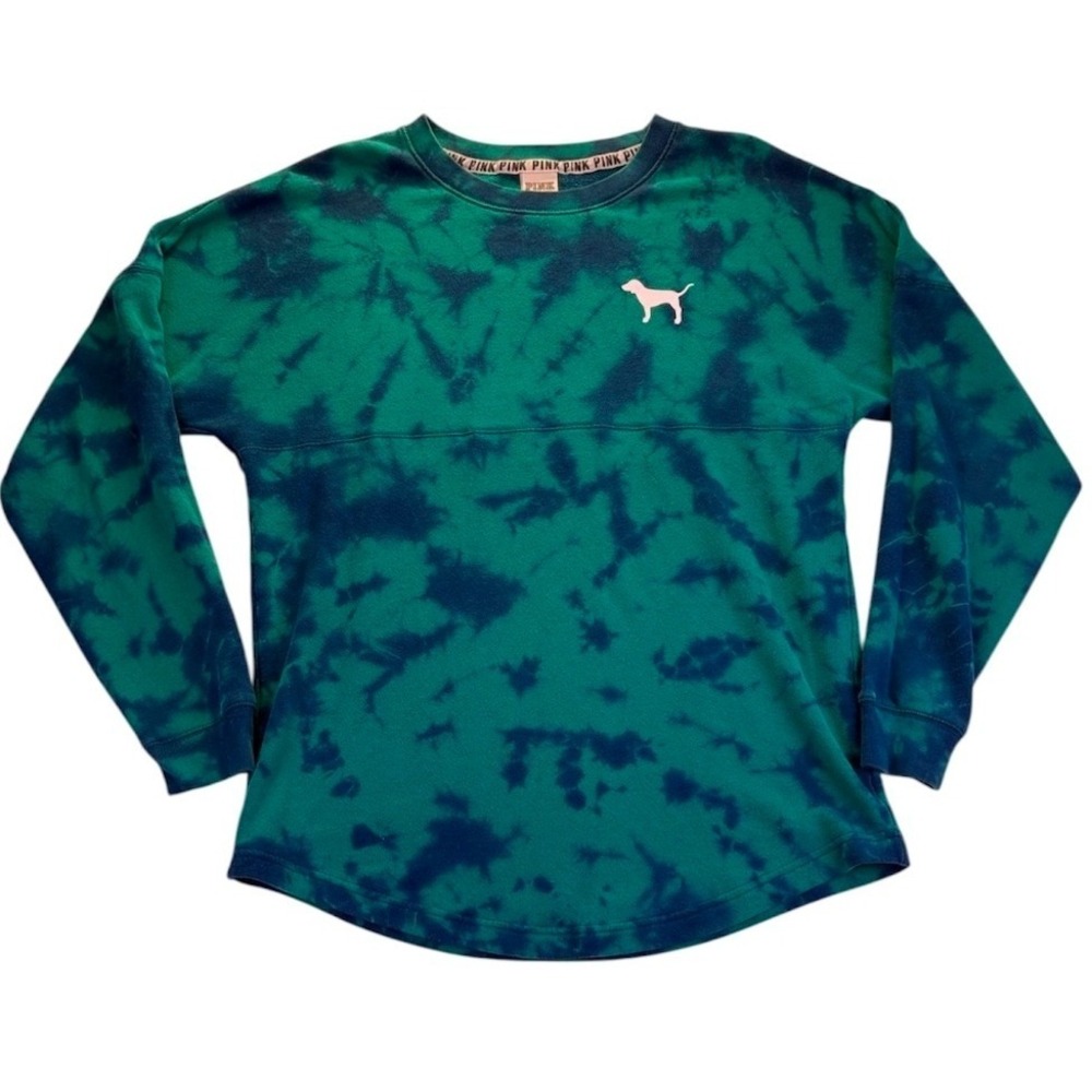 Pink Victoria's Secret Green Tie Dye Sweatshirt S Mesh Logo Campus Collegiate